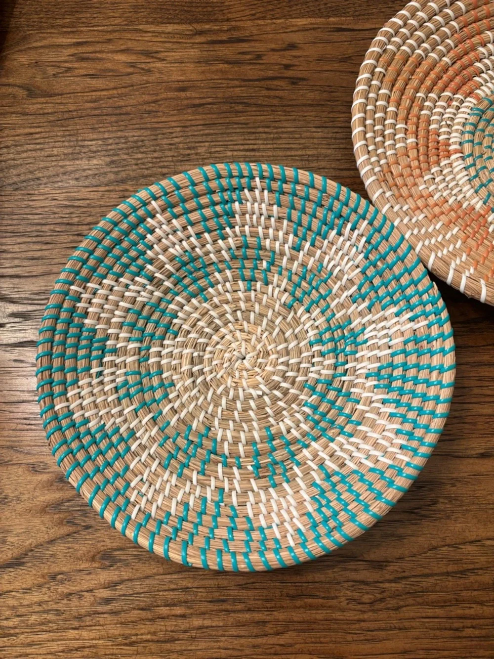 Set of 2 Handwoven Senegalese African Wall Baskets Turquoise Coral Boho Decor